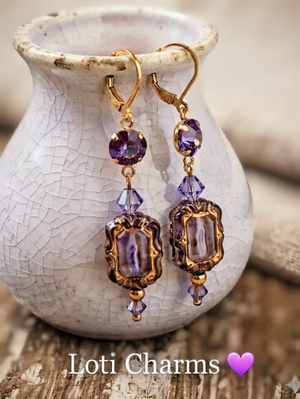Victorian Purple W/ Amethyst Opal AB Crystal In Long Gold Plated Earrings